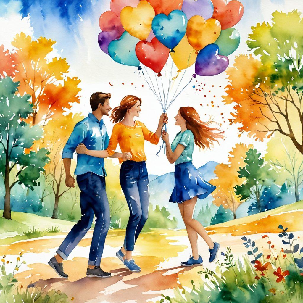 A vibrant scene depicting two adventurous couples joyfully engaging in various activities like dancing, cooking, and exploring nature together. Emphasize emotions of happiness and connection, with colorful surroundings showcasing elements of love and freedom, like heart-shaped balloons and nature. Create a sense of warmth and excitement. watercolor style. vibrant colors. soft-focus background.