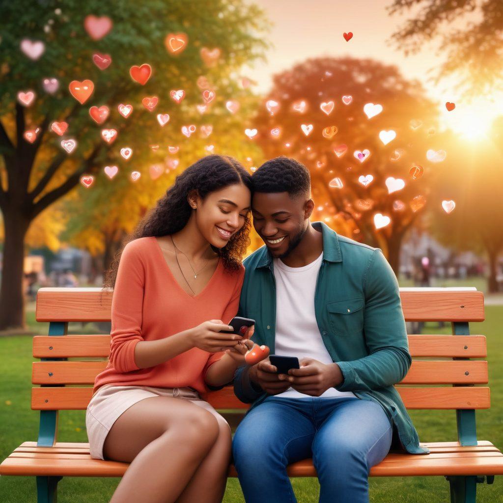 A couple sitting together on a park bench, gazing at their mobile phones displaying dating app interfaces, while vibrant hearts and connection symbols float around them. In the background, diverse couples are seen interacting joyfully, emphasizing partnership dynamics. The scene is infused with warm sunset colors to evoke romance and inclusivity. super-realistic. vibrant colors. 3D.