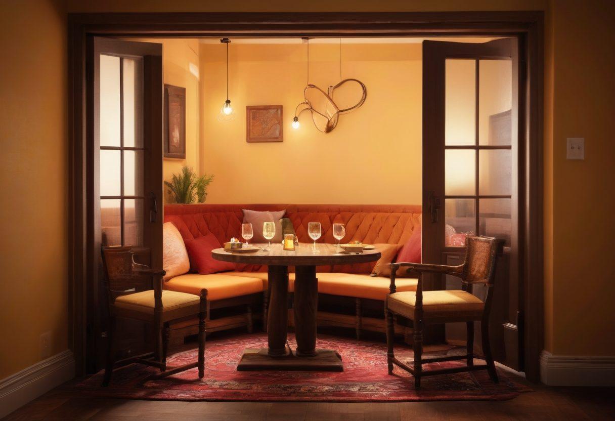 A cozy, intimate setting featuring a diverse group of adults engaging in deep conversations and playful interactions, highlighting connections and trust. Soft lighting creates a warm atmosphere, with elements like a small table with drinks, comfy furniture, and warm colors enhancing the vibe. Include symbolic representations of alternative relationships, such as intertwined hearts or open doors. super-realistic. vibrant colors. warm tones.